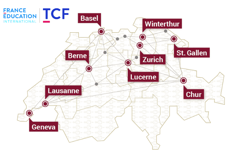 Map TCF tests, all exam locations in Switzerland - Zürich, Winterthur, Chur, St. Gallen, Luzern, Aargau, Bern, Basel, Lausanne, Geneva