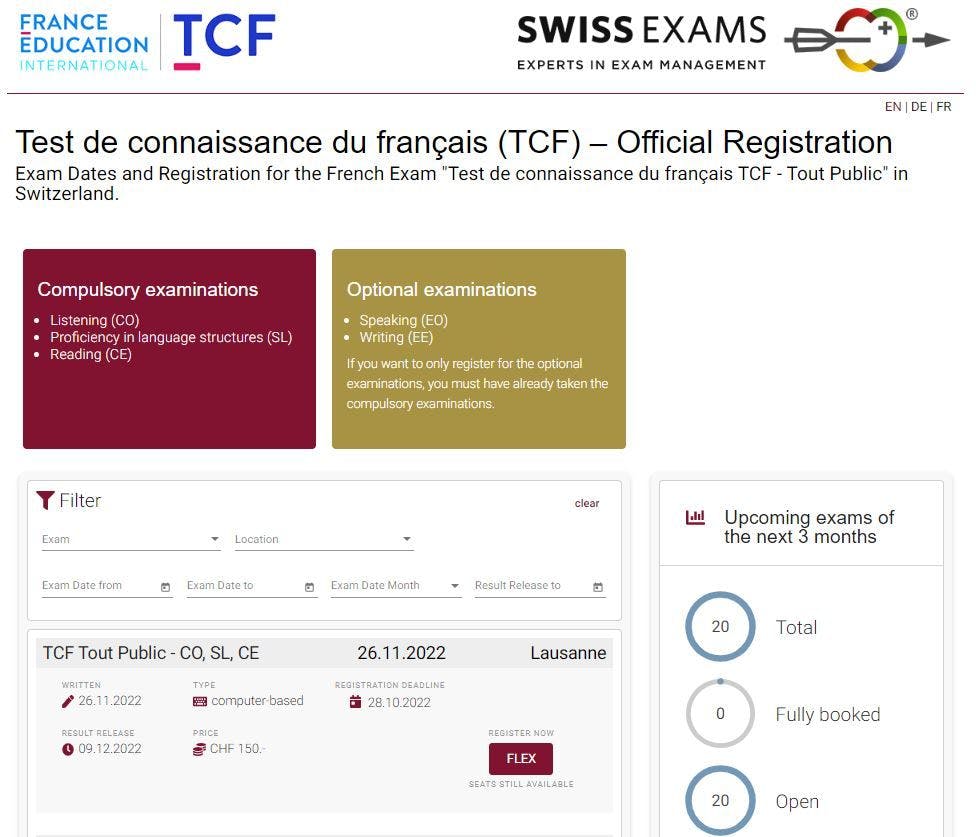 Registration site for the TCF French Test by France Education International delivered by Swiss Exams in Switzerland. All available dates for the tcf test are listed on this registration website online.